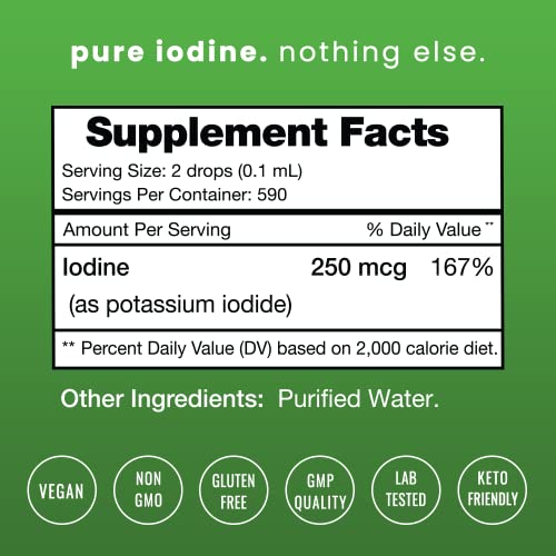 Iodine Drops (1-2 Year Supply) Vegan Liquid Iodine Supplement Solution - Supports Thyroid Health, Hormones & Weight - Tasteless, Higher Absorption Than Tablets - Iodine Tincture 590 Servings