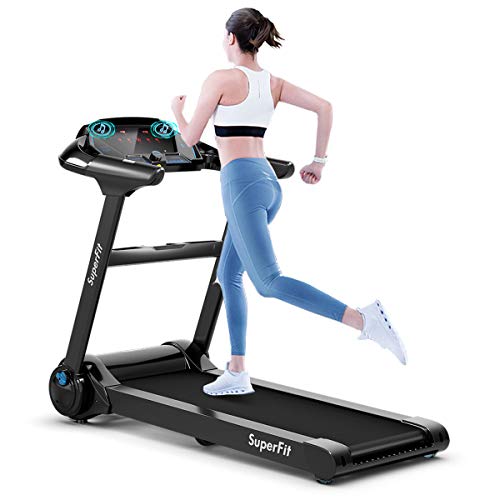 Goplus Folding Treadmill, Superfit Electric Portable Treadmill with Blue Tooth Speaker, APP Control and 16.5'' Wide Tread Belt, Running Jogging Machine for Home and Office Use