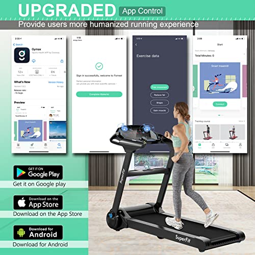 Goplus Folding Treadmill, Superfit Electric Portable Treadmill with Blue Tooth Speaker, APP Control and 16.5'' Wide Tread Belt, Running Jogging Machine for Home and Office Use