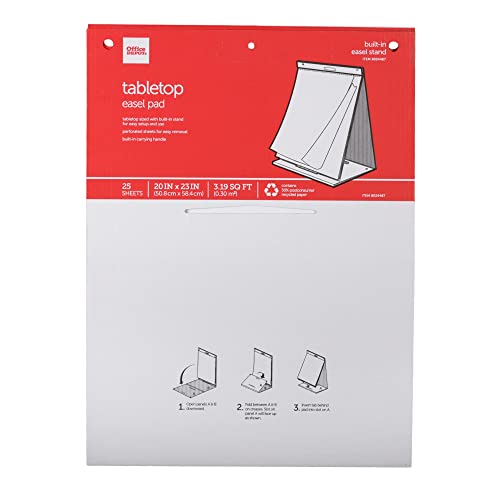 Office Depot® Brand Easel Pad, 20" x 23", Tabletop with Built-In Stand, 25 Sheets, 30% Recycled, White