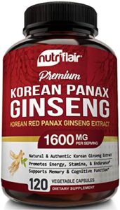 nutriflair korean red panax ginseng 1600mg, 120 vegan capsules – high potency ginseng root 5% ginsenosides extract powder supplement – energy, focus, vigor, performance pills for women & men, non-gmo