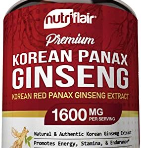 NutriFlair Korean Red Panax Ginseng 1600mg, 120 Vegan Capsules - High Potency Ginseng Root 5% Ginsenosides Extract Powder Supplement - Energy, Focus, Vigor, Performance Pills for Women & Men, Non-GMO