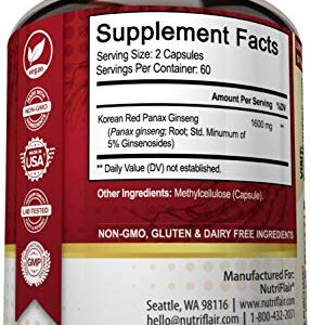 NutriFlair Korean Red Panax Ginseng 1600mg, 120 Vegan Capsules - High Potency Ginseng Root 5% Ginsenosides Extract Powder Supplement - Energy, Focus, Vigor, Performance Pills for Women & Men, Non-GMO