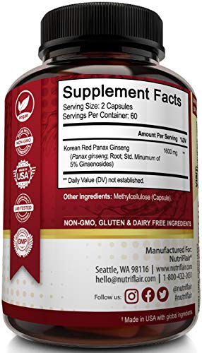 NutriFlair Korean Red Panax Ginseng 1600mg, 120 Vegan Capsules - High Potency Ginseng Root 5% Ginsenosides Extract Powder Supplement - Energy, Focus, Vigor, Performance Pills for Women & Men, Non-GMO