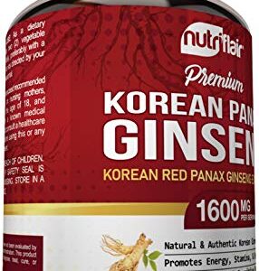 NutriFlair Korean Red Panax Ginseng 1600mg, 120 Vegan Capsules - High Potency Ginseng Root 5% Ginsenosides Extract Powder Supplement - Energy, Focus, Vigor, Performance Pills for Women & Men, Non-GMO