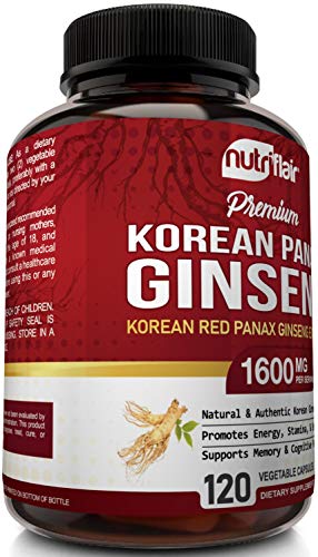 NutriFlair Korean Red Panax Ginseng 1600mg, 120 Vegan Capsules - High Potency Ginseng Root 5% Ginsenosides Extract Powder Supplement - Energy, Focus, Vigor, Performance Pills for Women & Men, Non-GMO