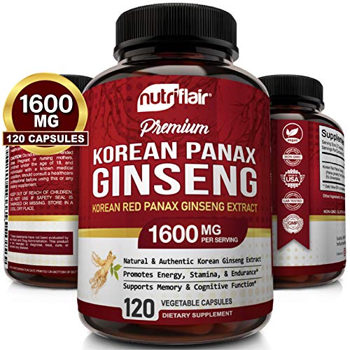 NutriFlair Korean Red Panax Ginseng 1600mg, 120 Vegan Capsules - High Potency Ginseng Root 5% Ginsenosides Extract Powder Supplement - Energy, Focus, Vigor, Performance Pills for Women & Men, Non-GMO