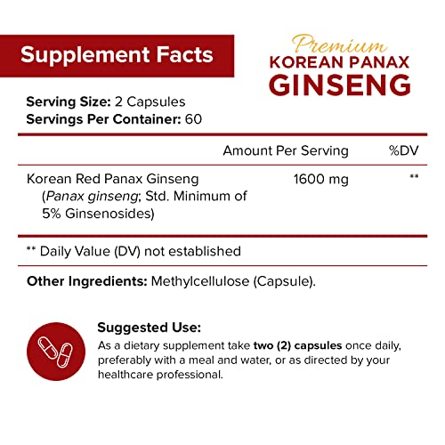 NutriFlair Korean Red Panax Ginseng 1600mg, 120 Vegan Capsules - High Potency Ginseng Root 5% Ginsenosides Extract Powder Supplement - Energy, Focus, Vigor, Performance Pills for Women & Men, Non-GMO