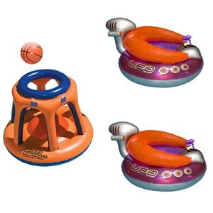 swimline basketball hoop giant shootball inflatable fun swimming pool water game set and ufo lounge chair float with built-in squirt gun, (2 pack)