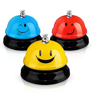 3 pieces desk bell for service, smile face call bell, desk bell 3 inch diameter, call bells with metal anti-rust construction,front desk bell for hotel, restaurant, office, schools (red, yellow, blue)