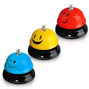 3 Pieces Desk Bell for Service, Smile Face Call Bell, Desk Bell 3 Inch Diameter, Call Bells with Metal Anti-Rust Construction,Front Desk Bell for Hotel, Restaurant, Office, Schools (Red, Yellow, Blue)