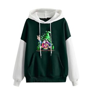 women st. patrick day hoodie long sleeve patchwork pocket sweatshirts cute gnomes clover graphic irish tops