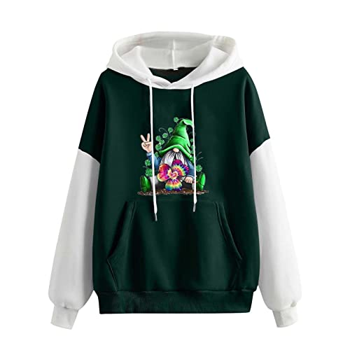 Women St. Patrick Day Hoodie Long Sleeve Patchwork Pocket Sweatshirts Cute Gnomes Clover Graphic Irish Tops