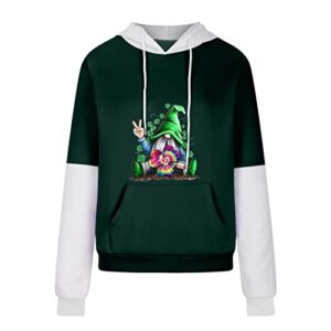 Women St. Patrick Day Hoodie Long Sleeve Patchwork Pocket Sweatshirts Cute Gnomes Clover Graphic Irish Tops