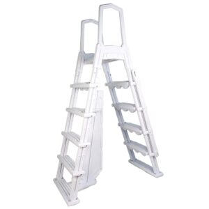 swimline hydrotools 87975 premium a-frame ladder entry exit system with handrails for above ground pools | 48 to 54 inch height | with flip up ladder, slide lock safety barrier & xl non slip treads