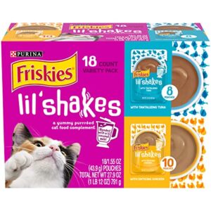 friskies purina pureed cat food topper variety pack, lil’ shakes with chicken and with tuna varieties – (2 packs of 18) 1.55 oz. pouches
