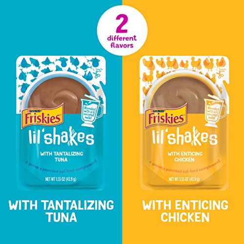 Friskies Purina Pureed Cat Food Topper Variety Pack, Lil' Shakes with Chicken and with Tuna Varieties - (2 Packs of 18) 1.55 oz. Pouches