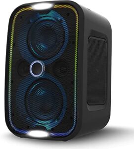 brookstone big blue go 60 watt wireless indoor outdoor portable speaker, built in qi charging pad, led light show, bluetooth 5.0, ipx5 water resistant, tap to link multiple speakers, karaoke mic input