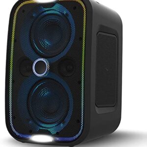 Brookstone Big Blue Go 60 Watt Wireless Indoor Outdoor Portable Speaker, Built in Qi Charging Pad, LED Light Show, Bluetooth 5.0, IPX5 Water Resistant, Tap to Link Multiple Speakers, Karaoke Mic Input