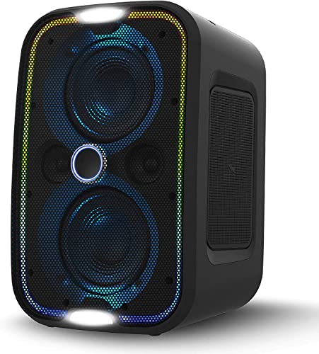 Brookstone Big Blue Go 60 Watt Wireless Indoor Outdoor Portable Speaker, Built in Qi Charging Pad, LED Light Show, Bluetooth 5.0, IPX5 Water Resistant, Tap to Link Multiple Speakers, Karaoke Mic Input