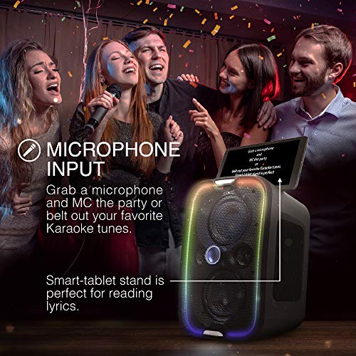 Brookstone Big Blue Go 60 Watt Wireless Indoor Outdoor Portable Speaker, Built in Qi Charging Pad, LED Light Show, Bluetooth 5.0, IPX5 Water Resistant, Tap to Link Multiple Speakers, Karaoke Mic Input