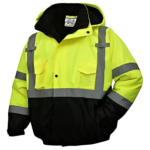 SKSAFETY High Visibility Reflective Jackets for Men, Waterproof Class 3 Safety Jacket with Pockets, Hi Vis Yellow Coats with Black Bottom, Mens Work Construction Coats for Cold Weather, 2XL, 1 Pack