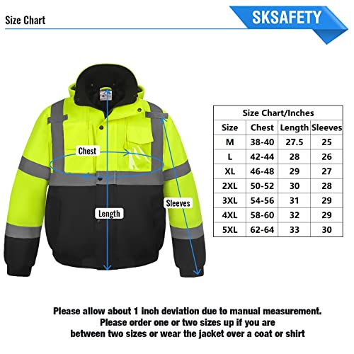 SKSAFETY High Visibility Reflective Jackets for Men, Waterproof Class 3 Safety Jacket with Pockets, Hi Vis Yellow Coats with Black Bottom, Mens Work Construction Coats for Cold Weather, 2XL, 1 Pack