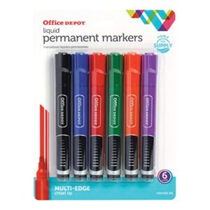 office depot® brand round liquid permanent markers, chisel tip, clear barrel, assorted ink colors, pack of 6