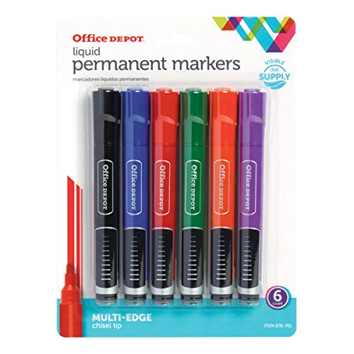 Office Depot® Brand Round Liquid Permanent Markers, Chisel Tip, Clear Barrel, Assorted Ink Colors, Pack Of 6