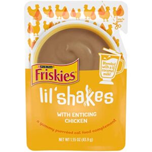 purina friskies pureed cat food topper, lil’ shakes with enticing chicken – (16) 1.55 oz. pouches