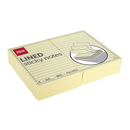 Office Depot® Brand Lined Sticky Notes, 4" x 6", Pastel Yellow, 100 Sheets Per Pad, Pack Of 8 Pads