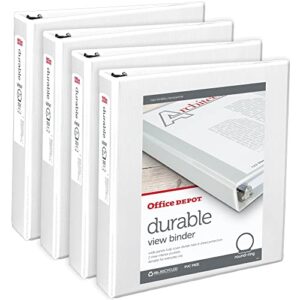 office depot® brand durable view 3-ring binder, 1 1/2″ round rings, 49% recycled, white, pack of 4