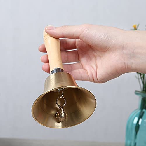 Extra Loud Solid Brass Hand Call Bell with Wooden Handle