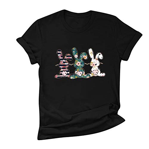 Follure Fashion Easter Day T-Shirt For Women Floral Rabbit Print Short Sleeve Crop Tops Crew Neck Cute Bunny Casual Blouse