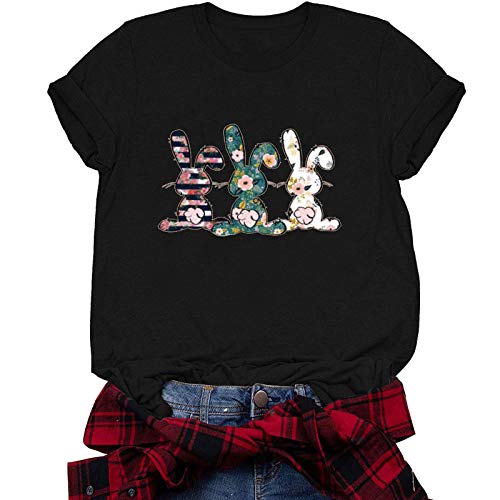 Follure Fashion Easter Day T-Shirt For Women Floral Rabbit Print Short Sleeve Crop Tops Crew Neck Cute Bunny Casual Blouse