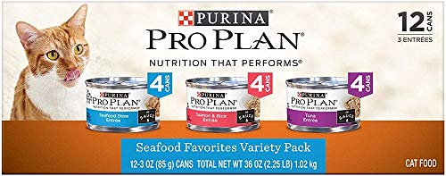 Pro Plan Savor Seafood Entrees Variety Pack Adult Canned Cat Food in Sauce, Case of 12, 3 oz.