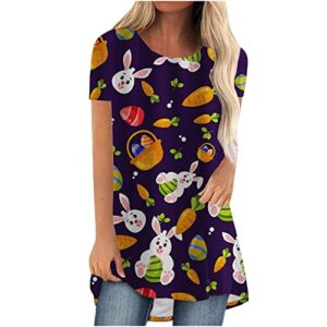 Womens Long Tunics or Tops to Wear with Leggings Happy Easter Shirts Short Sleeve Cute Bunny Rabbit Blouses Loose Pullover