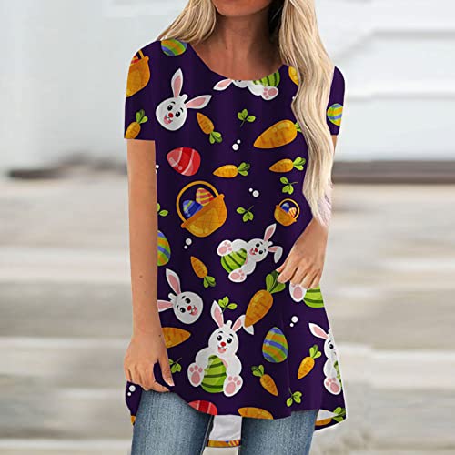 Womens Long Tunics or Tops to Wear with Leggings Happy Easter Shirts Short Sleeve Cute Bunny Rabbit Blouses Loose Pullover