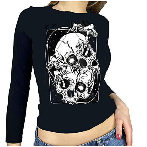 Women Teen Girls Cool Punk Top Blouse Women Funny Printed Top Blouse Women Long Sleeve Top Blouse White