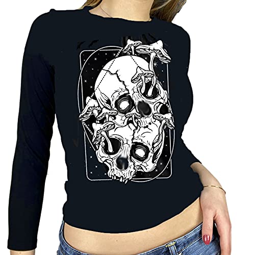 Women Teen Girls Cool Punk Top Blouse Women Funny Printed Top Blouse Women Long Sleeve Top Blouse White