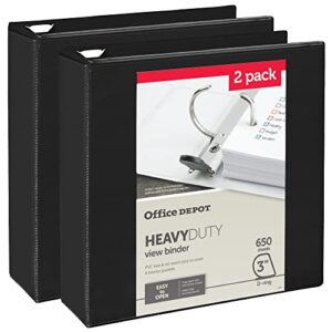 office depot® heavy-duty view 3-ring binder, 3″ d-rings, black, 49% recycled, pack of 2