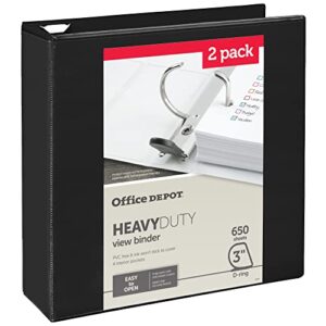 Office Depot® Heavy-Duty View 3-Ring Binder, 3" D-Rings, Black, 49% Recycled, Pack Of 2