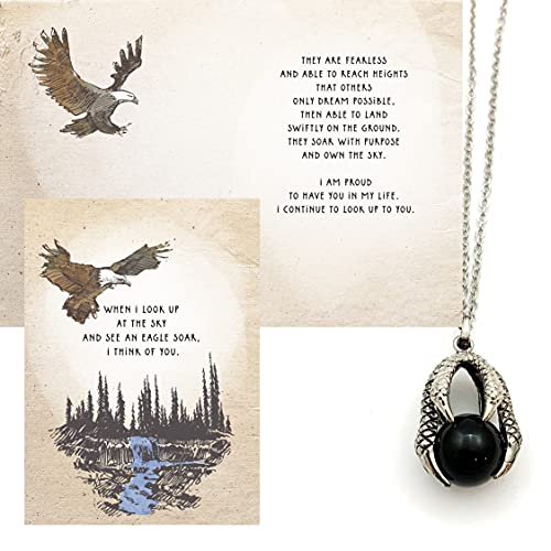 Smiling Wisdom - Eagle Claw - I Look Up to You Greeting Card and Necklace Gift Set - Stainless Steel Chain - Dad Brother Friend - Black Silver