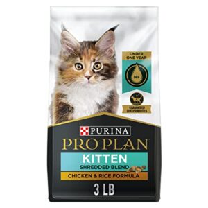 purina pro plan with probiotics, high protein dry kitten food, shredded blend chicken & rice formula – 3 lb. bag