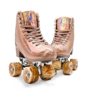 foxyskate roller skates women, double row & 4 wheels shiny roller skates for women and men, adjustable, indoor and outdoor roller skates for girls, 7 – 10 us – rose gold 9