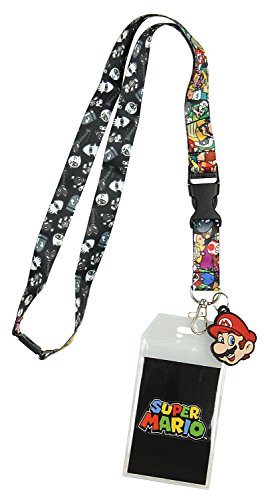 Nintendo Super Mario Characters Reversible Breakaway Keychain Lanyard with ID Holder, Rubber Mario Charm and Sticker