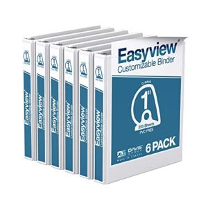 easyview premium 1-inch binders with clear-view covers, 3-ring binders for school, office, or home, colored binder notebooks, pack of 6, d ring, white