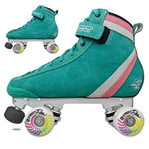 bont parkstar soft teal suede professional roller skates for park ramps bowls street for men – women – boys – girls rollerskates for outdoor and indoor skating (soft teal multi-color, bont 4.5)