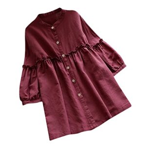 women’s cotton linen shirt 3/4 sleeve button down blouse solid color smocked tunic tops plus size loose fit t-shirt red