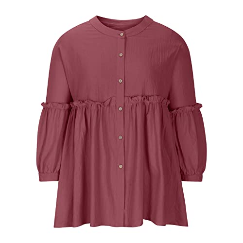 Women's Cotton Linen Shirt 3/4 Sleeve Button Down Blouse Solid Color Smocked Tunic Tops Plus Size Loose Fit T-Shirt Red